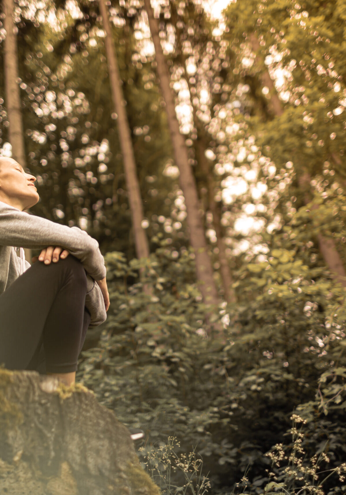woman in the forest feeling happy looking up to the trees feeling at peace in nature person sitting in nature looking up at trees